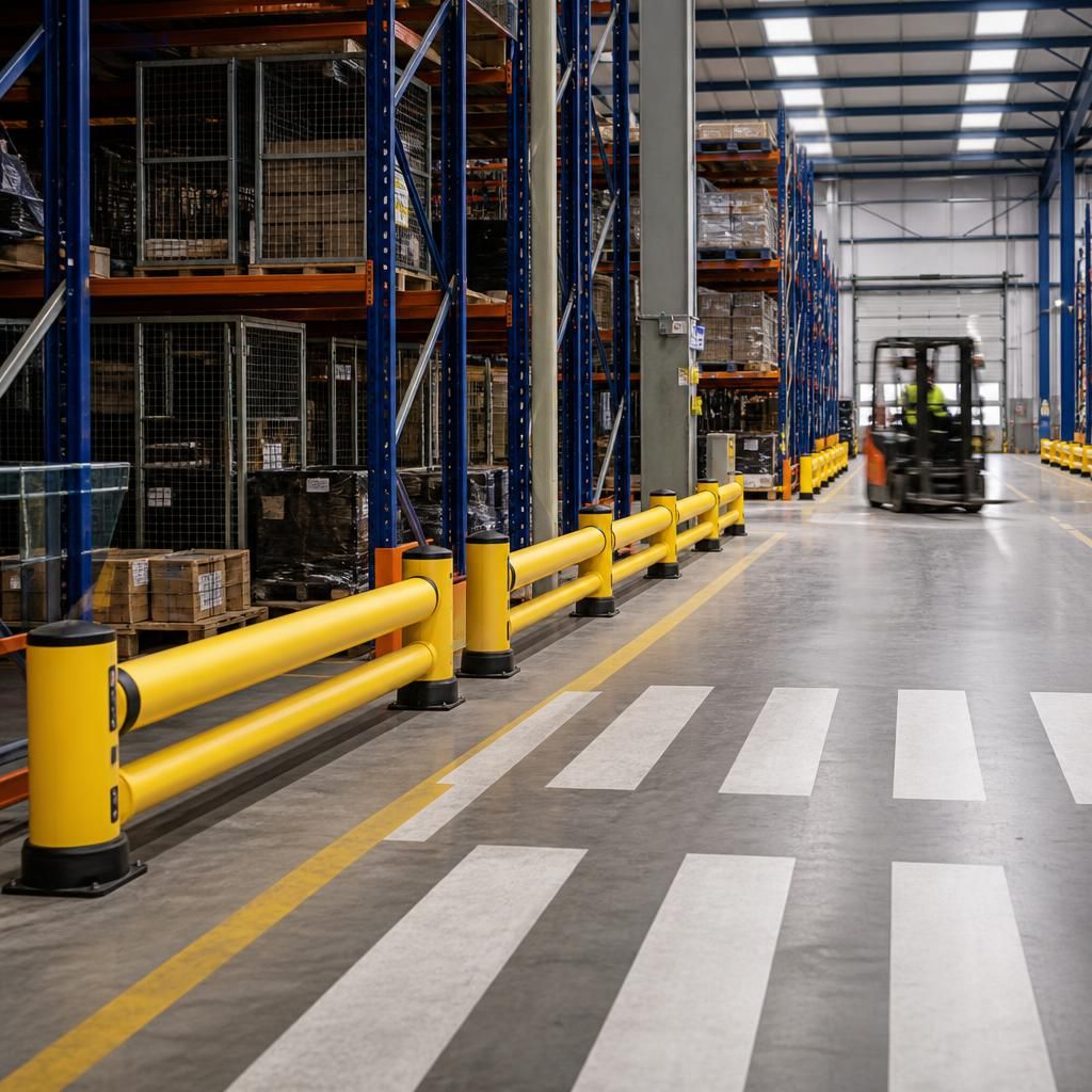 Modular vehicle barriers beside warehouse racking and a pedestrian crossing