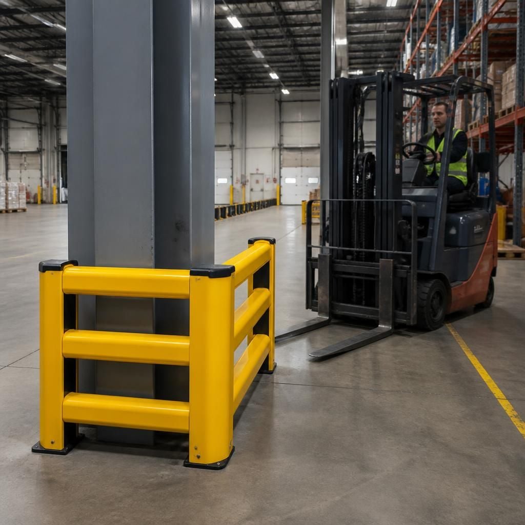 Forklift route passing a warehouse column with close-fitting impact protection