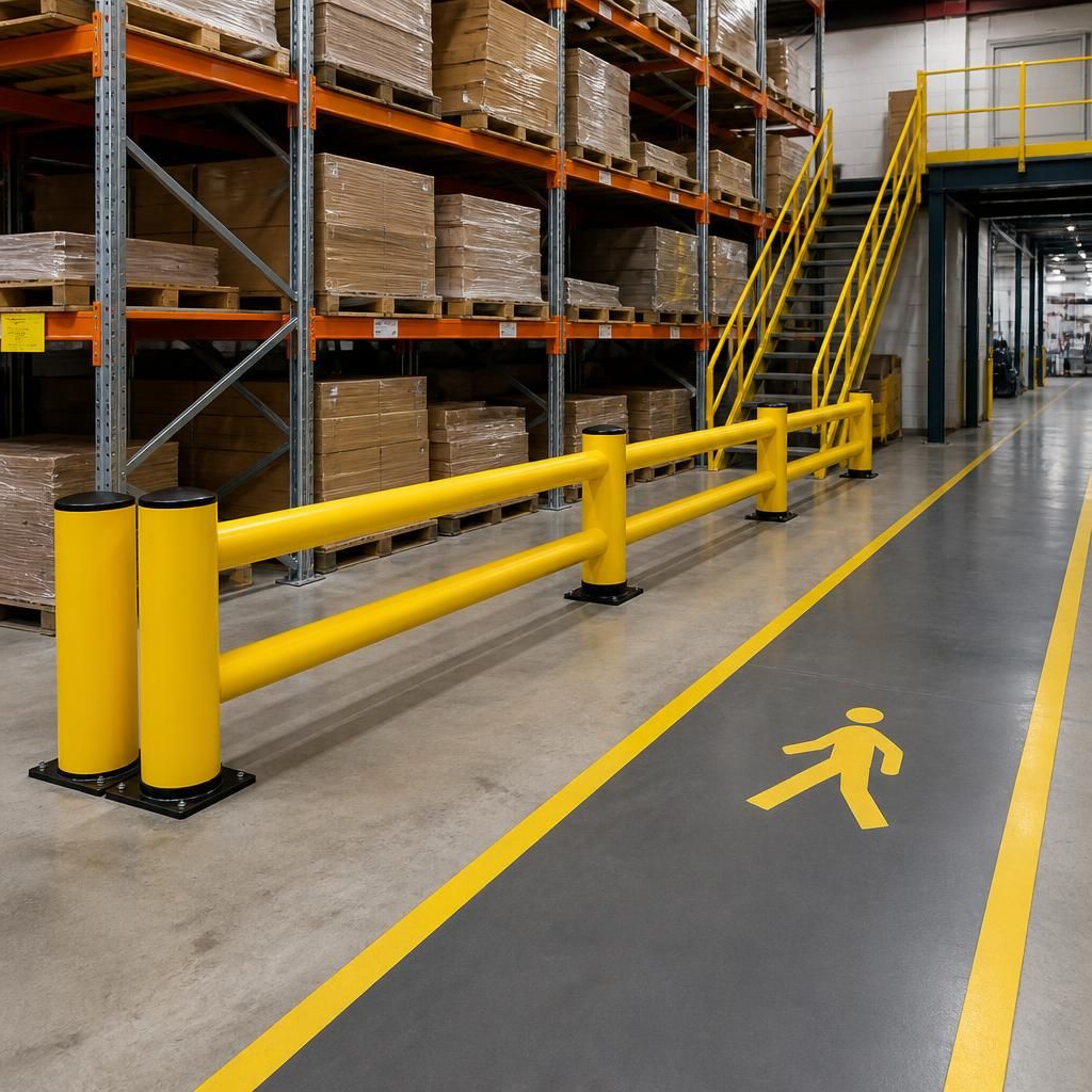 Warehouse barrier rails beside pallet racking and a marked pedestrian walkway