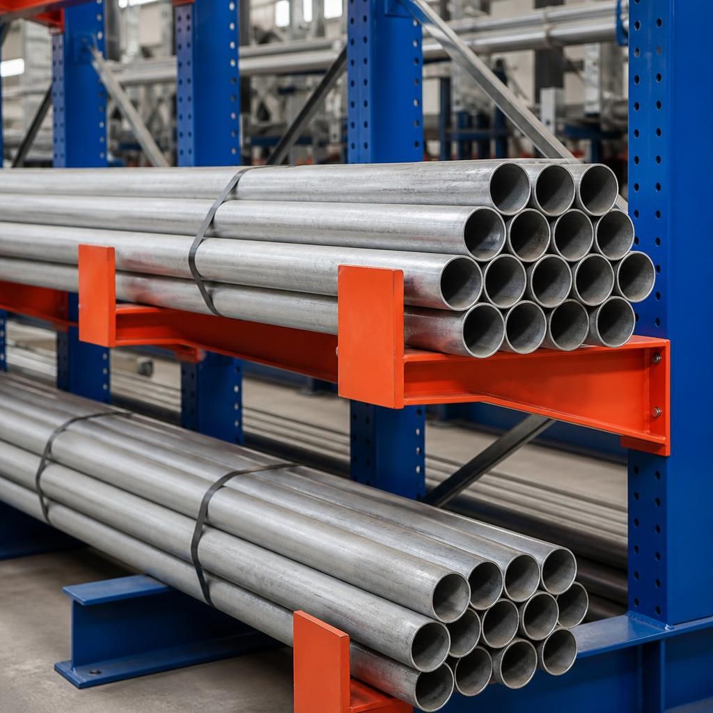 Cantilever racking arms holding bundled pipes with end stops