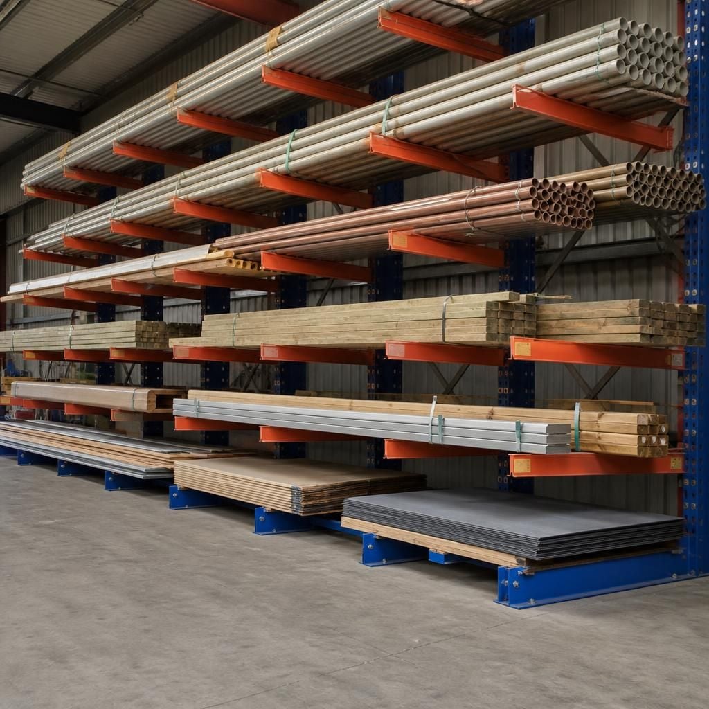 Cantilever racking holding pipes, timber and sheet materials in different sizes