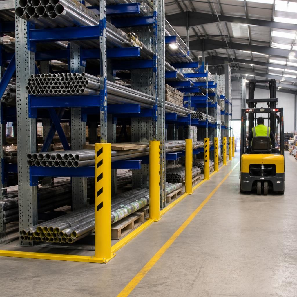 Cantilever racking with upright guards beside a forklift access route