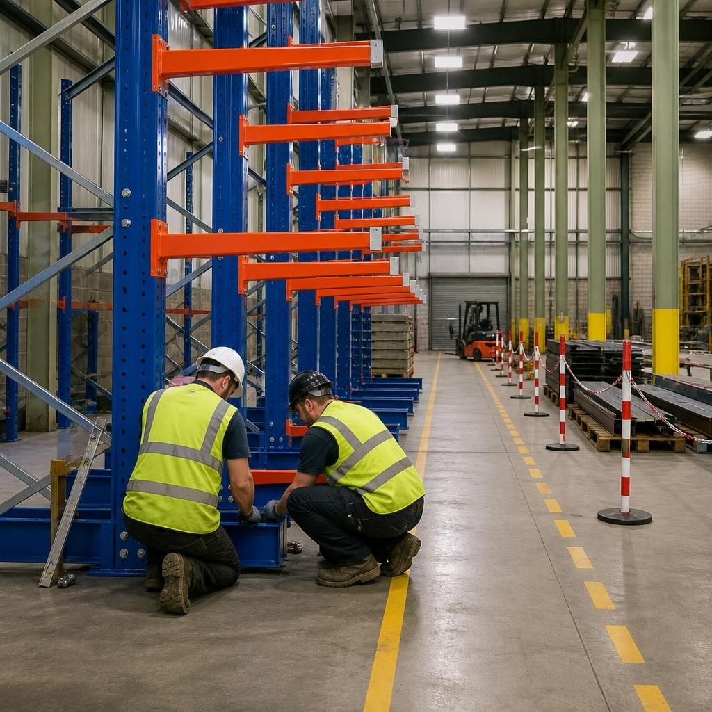 Cantilever racking installers working beside a marked warehouse access route