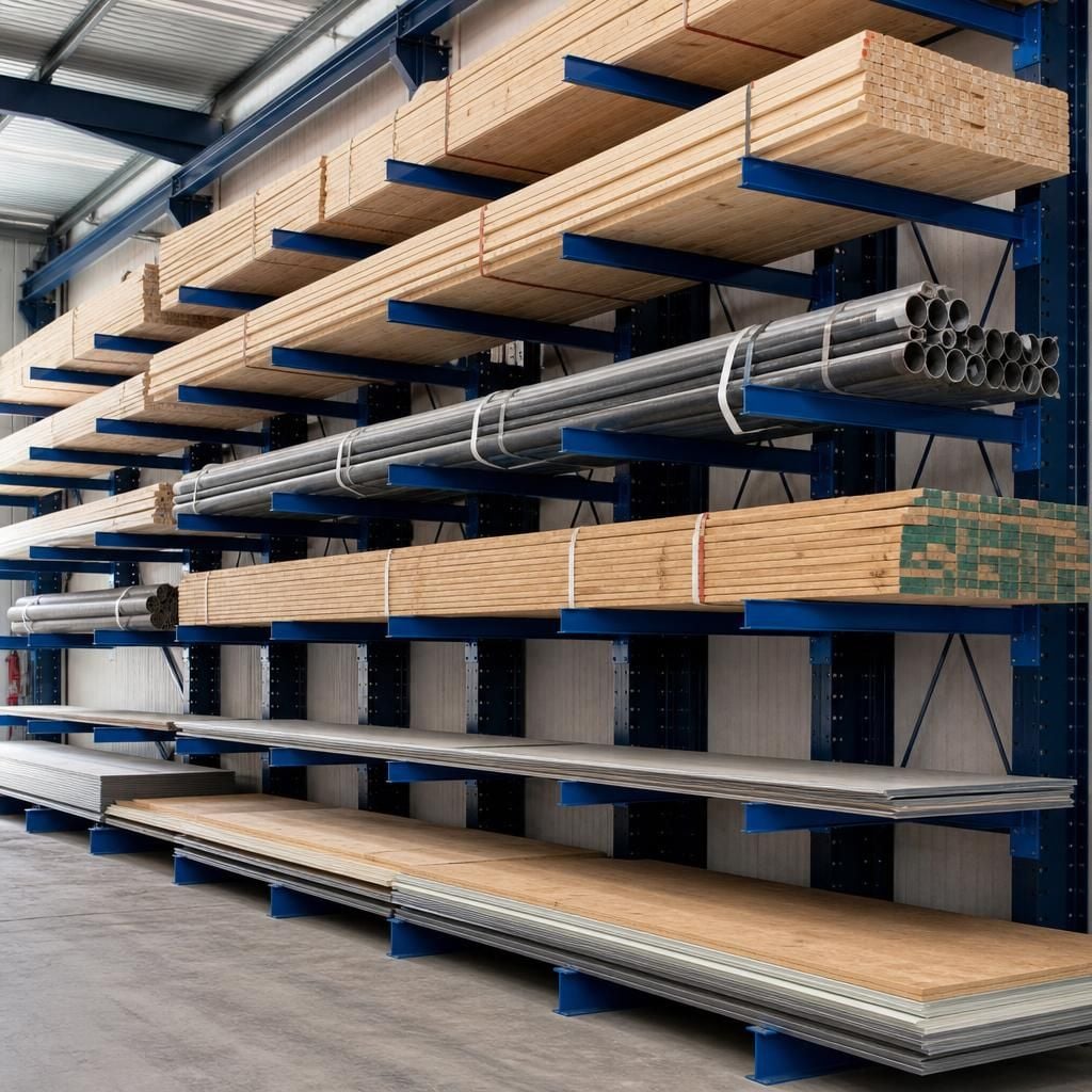 Cantilever racking holding pipes, timber bundles and sheet materials on separate storage levels