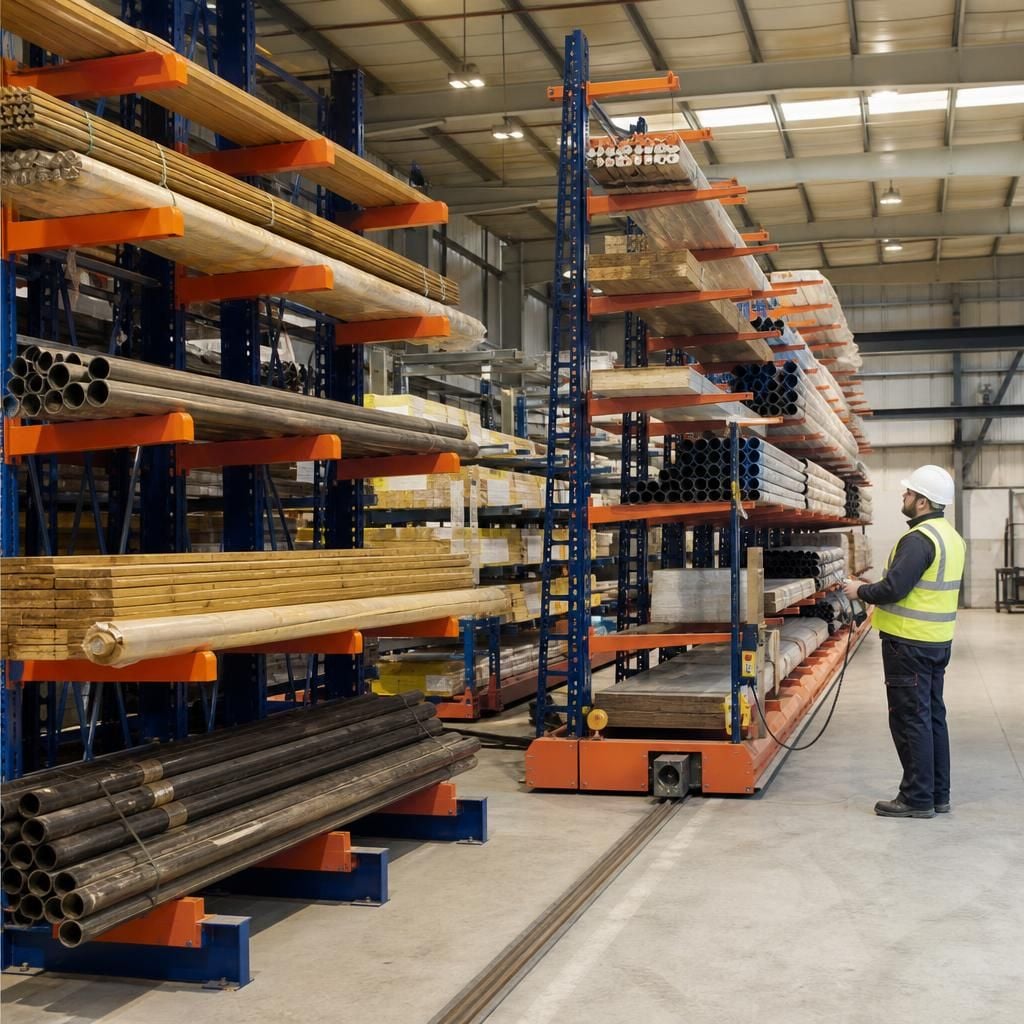 Fixed and mobile cantilever racking storing timber and pipes in a warehouse