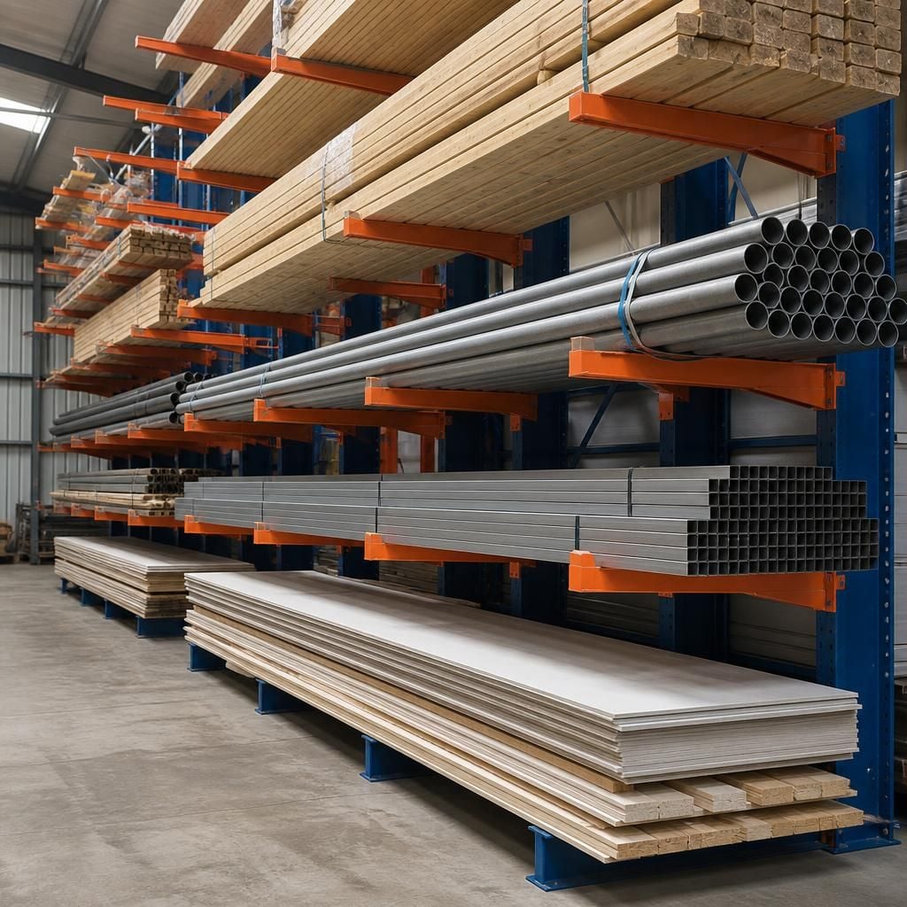 Cantilever racking arms supporting timber packs, pipes and sheet materials in separate storage positions