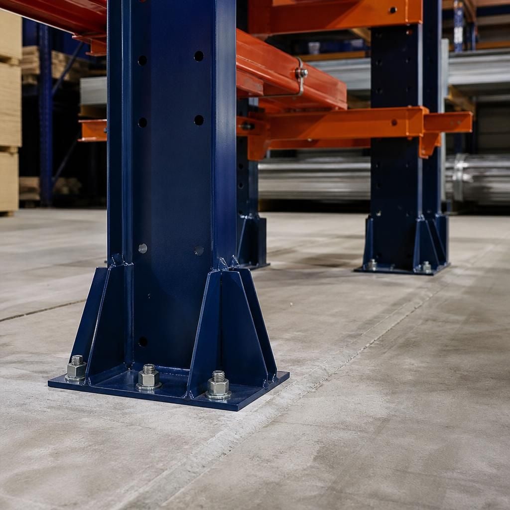 Cantilever rack uprights anchored to a concrete warehouse floor
