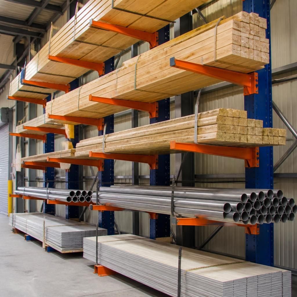Cantilever racking holding timber bundles, pipes and sheet materials