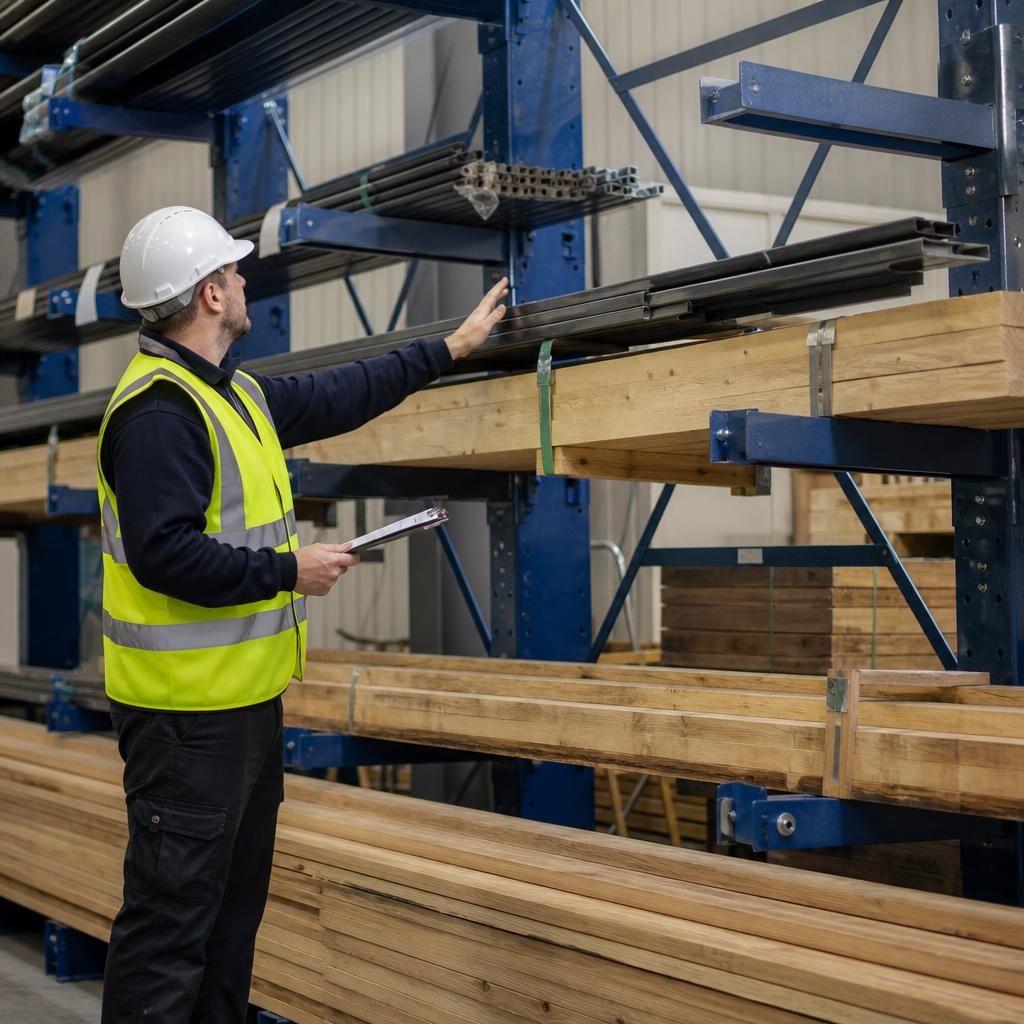 Inspector examining cantilever racking arms, uprights and stored timber bundles