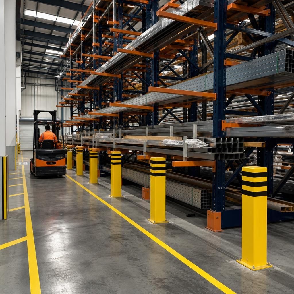 Cantilever racking with upright guards and a marked vehicle access route