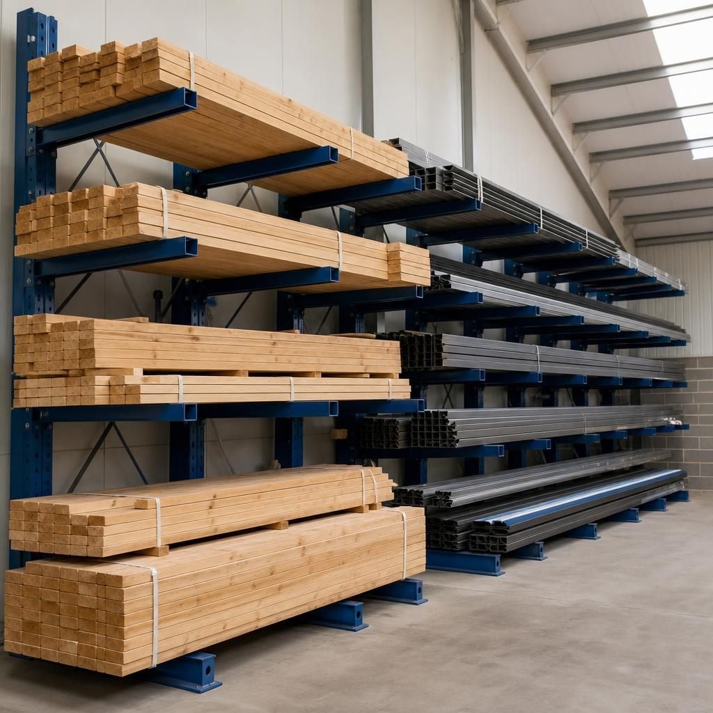 Cantilever racking holding timber bundles and steel lengths in a warehouse