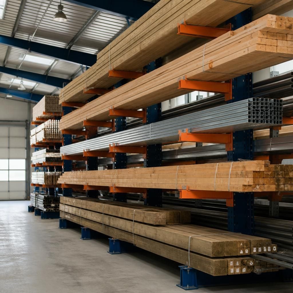 Cantilever racking holding long timber and metal sections at several storage levels
