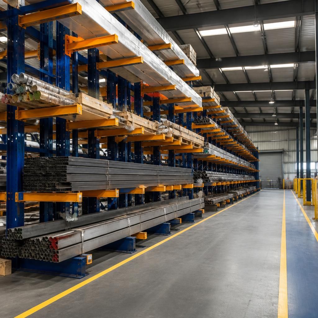 Cantilever racking storing long materials beside a marked warehouse aisle