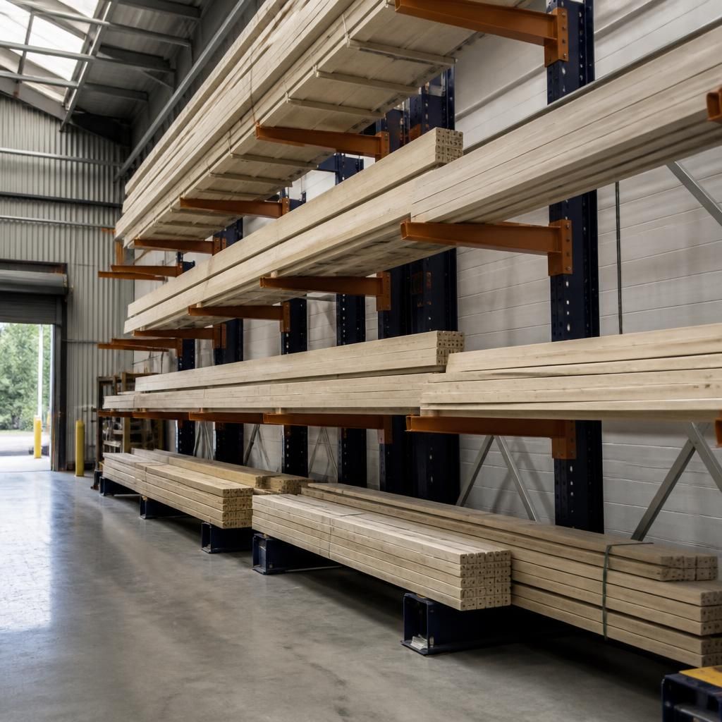 Cantilever racking holding long timber lengths beside a warehouse aisle