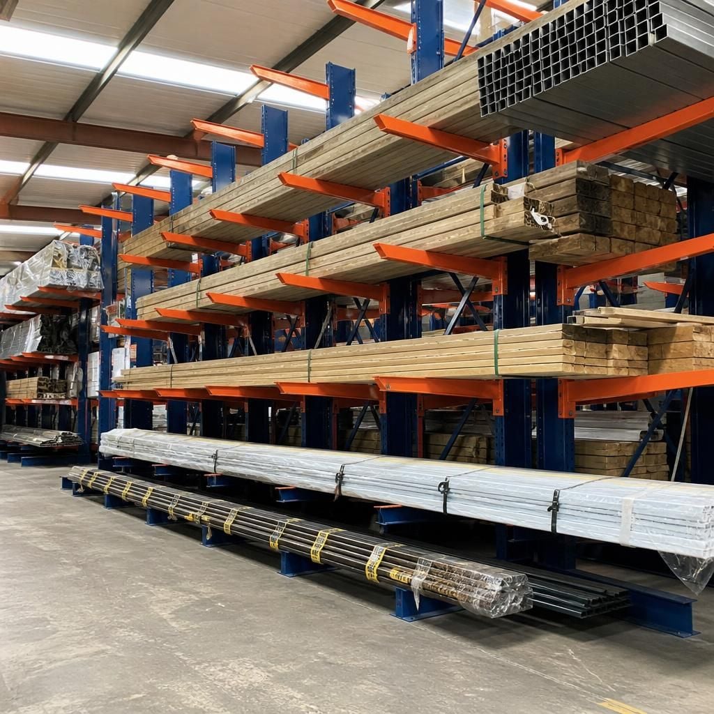 Cantilever racking holding long timber and metal stock in a warehouse