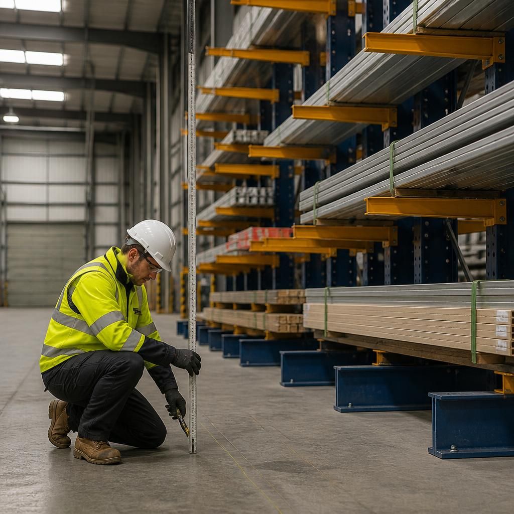 Surveyor checking floor levels beside cantilever racking in a warehouse