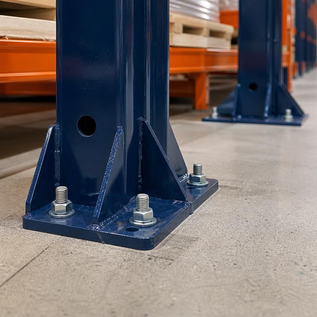 Cantilever rack base plates secured to a concrete warehouse floor