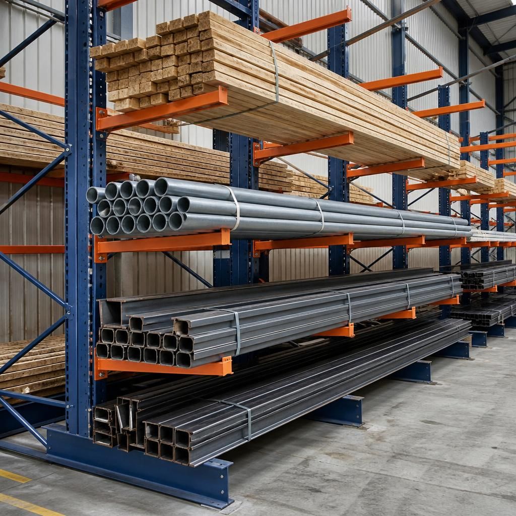 Cantilever rack arms supporting timber, pipes and steel sections at different storage levels