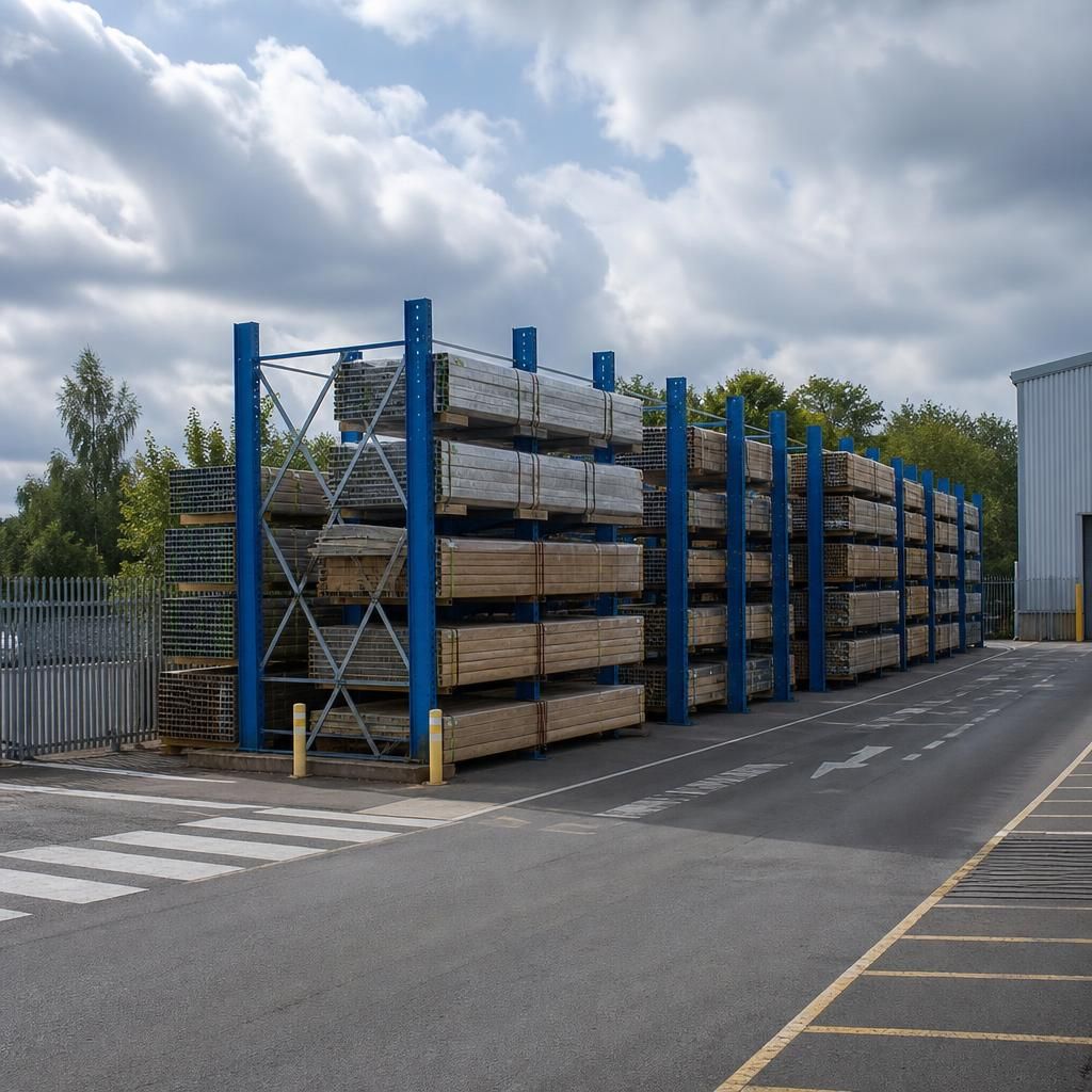 Outdoor pallet racking in a warehouse yard beside marked vehicle routes