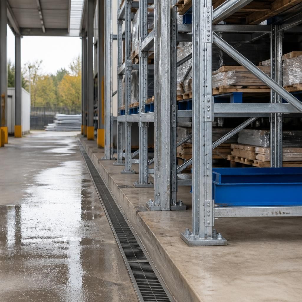 Galvanised pallet racking beside a covered storage bay with clear drainage channels