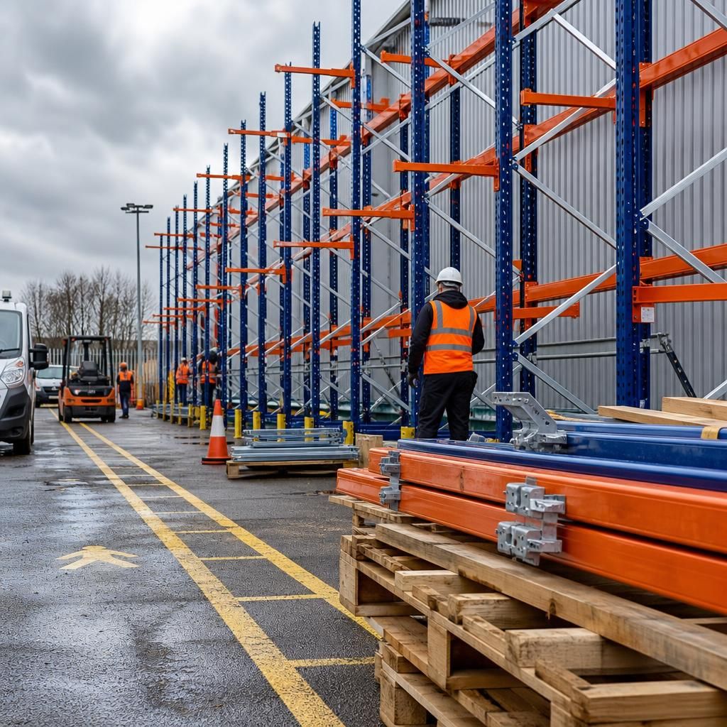 Outdoor pallet racking components being assembled beside a marked vehicle route