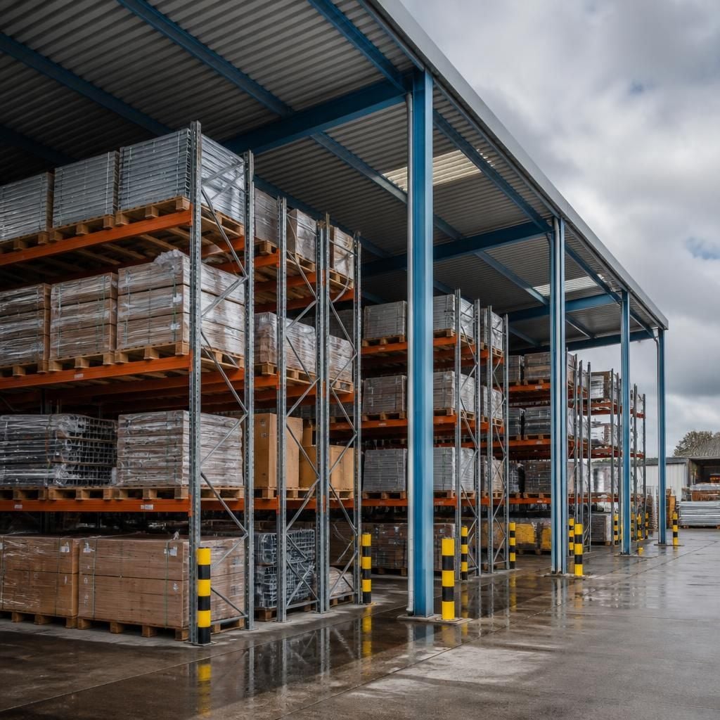 Pallet racking arranged beneath a covered outdoor storage bay