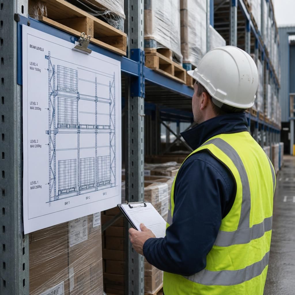 Warehouse pallet racking beside pallets, with a marked plan showing beam levels and load positions