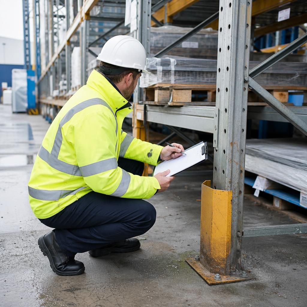 Technician inspecting outdoor pallet racking beside stored pallets
