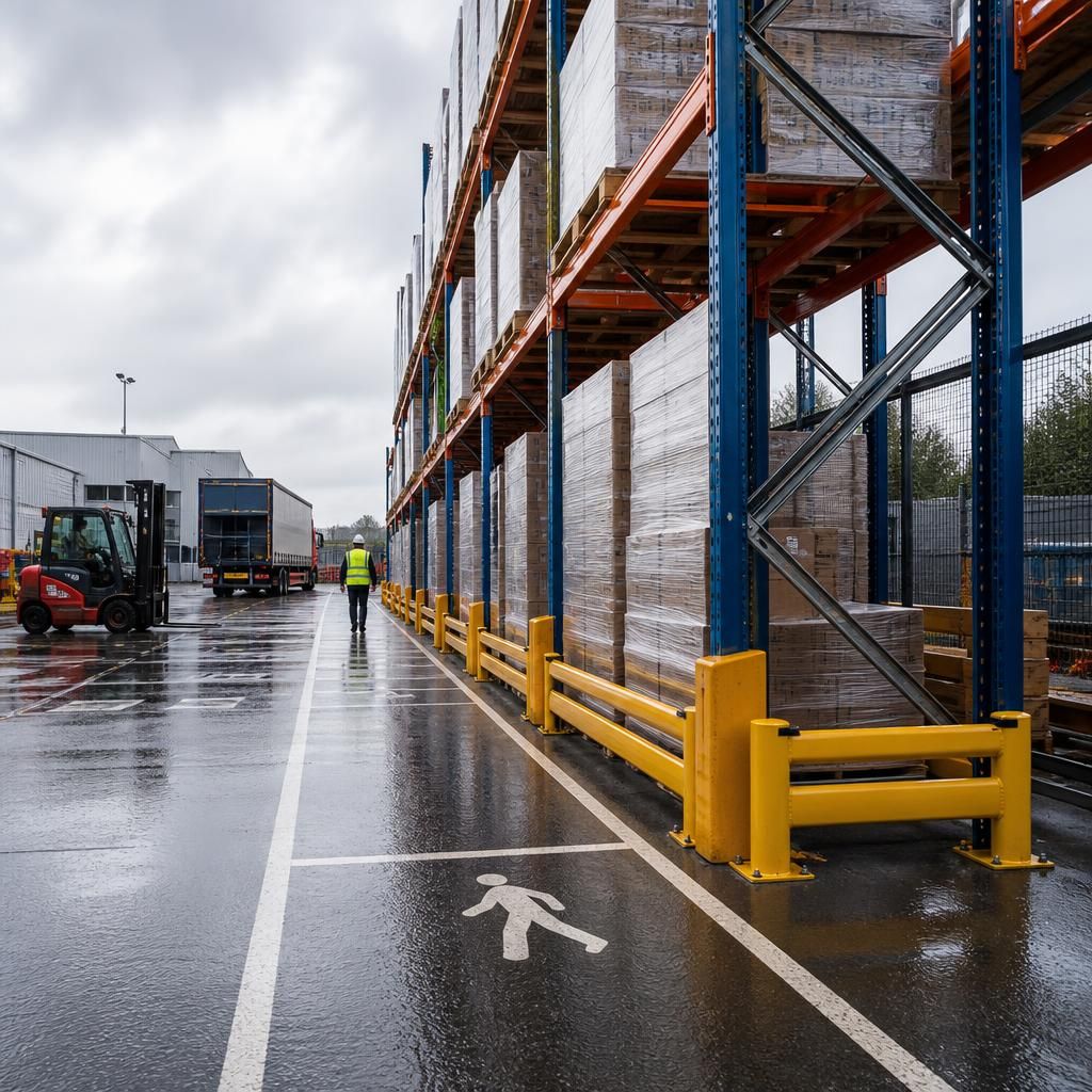 Outdoor pallet racking beside marked pedestrian routes and vehicle barriers