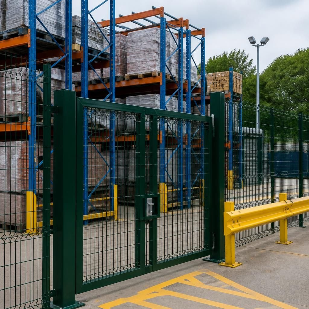 Outdoor pallet racking behind perimeter fencing with a lockable gate and safety barriers
