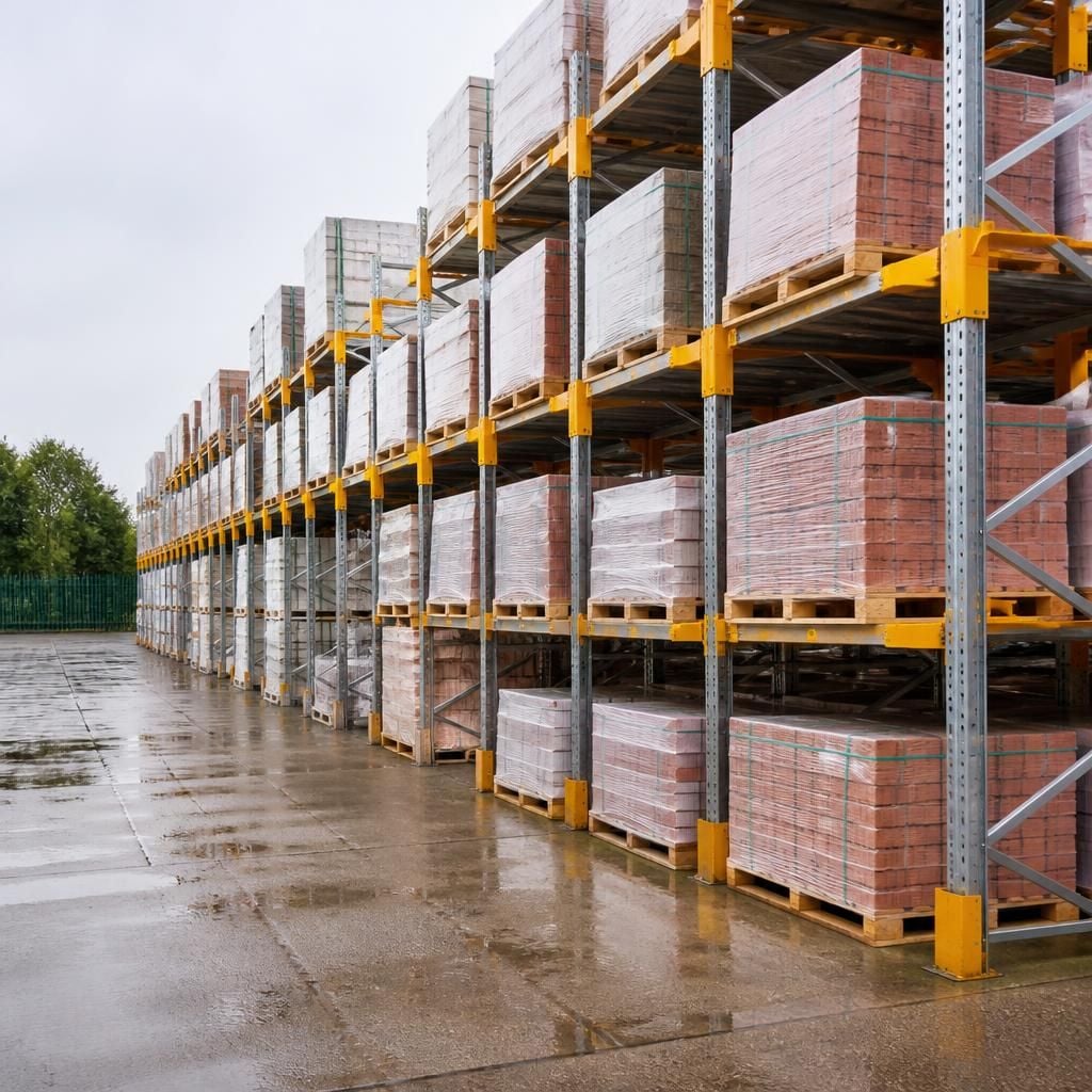 Outdoor pallet racking holding wrapped pallets on a hardstanding area