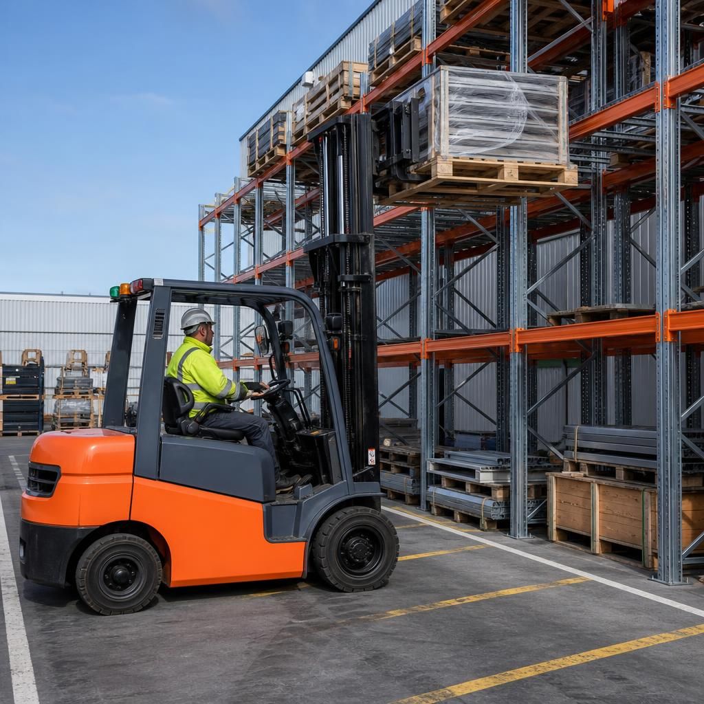 Counterbalance forklift placing a pallet into outdoor racking on marked hardstanding