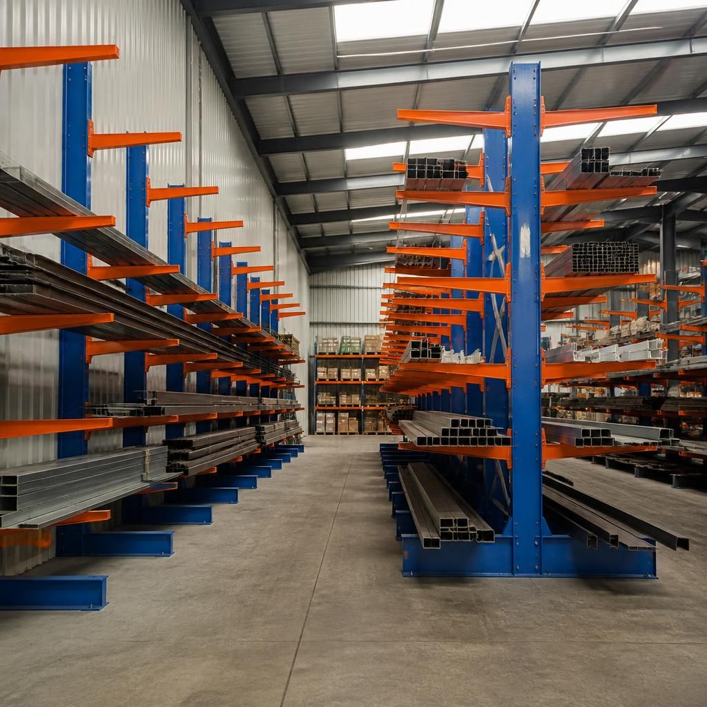 Cantilever racking with arms on one side beside a wall and on both sides in a central row