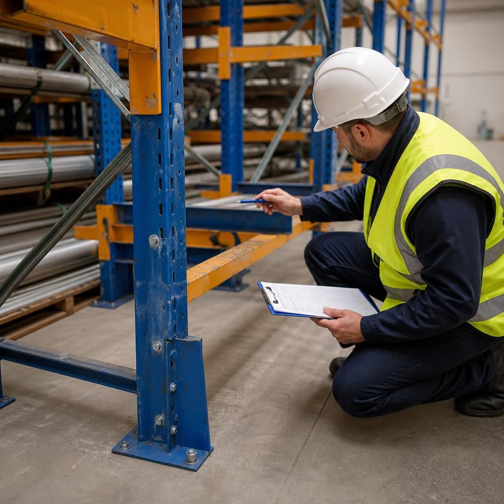 Cantilever racking arms, uprights and floor anchors being examined during a warehouse inspection
