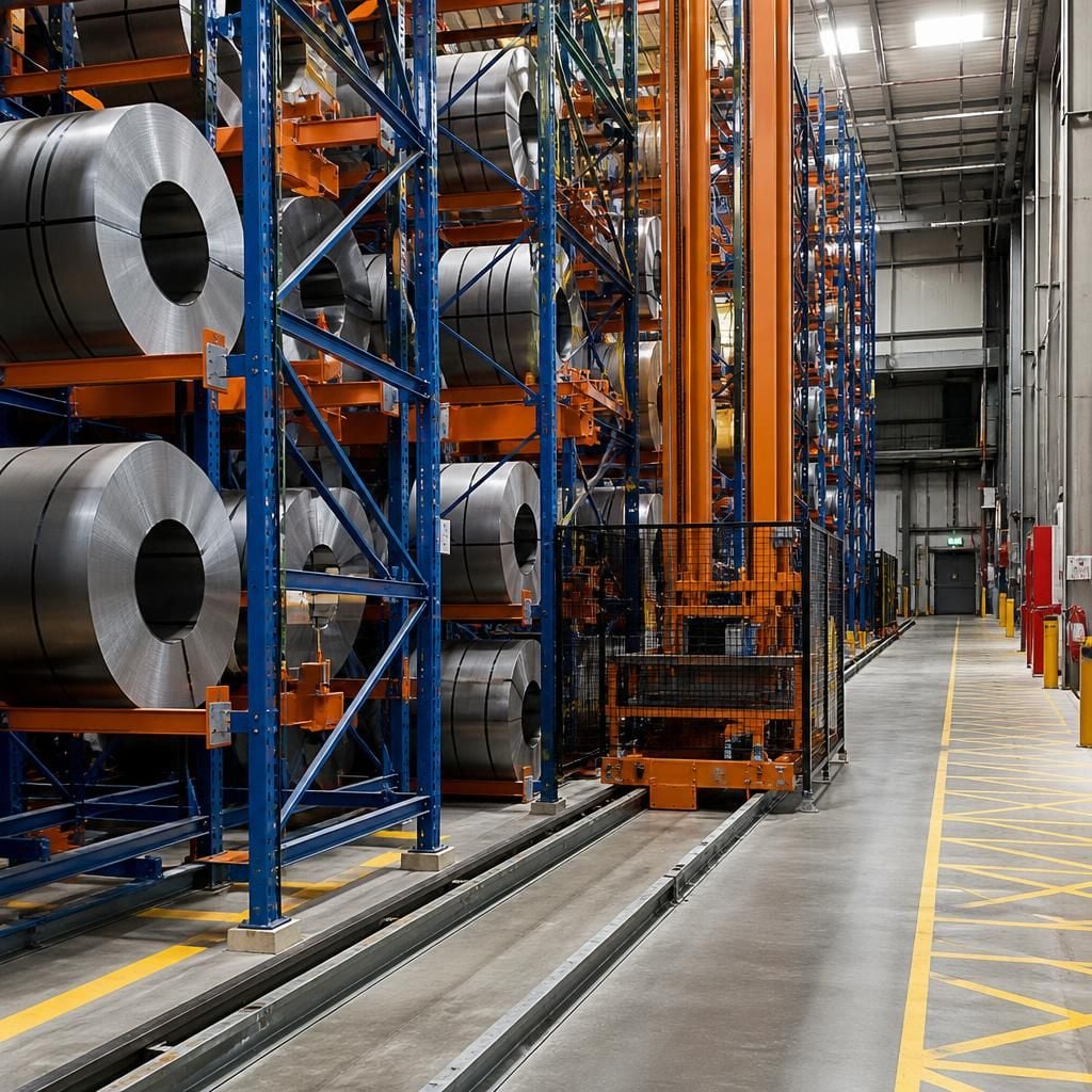 Steel coils stored in a warehouse retrieval system beside marked access routes