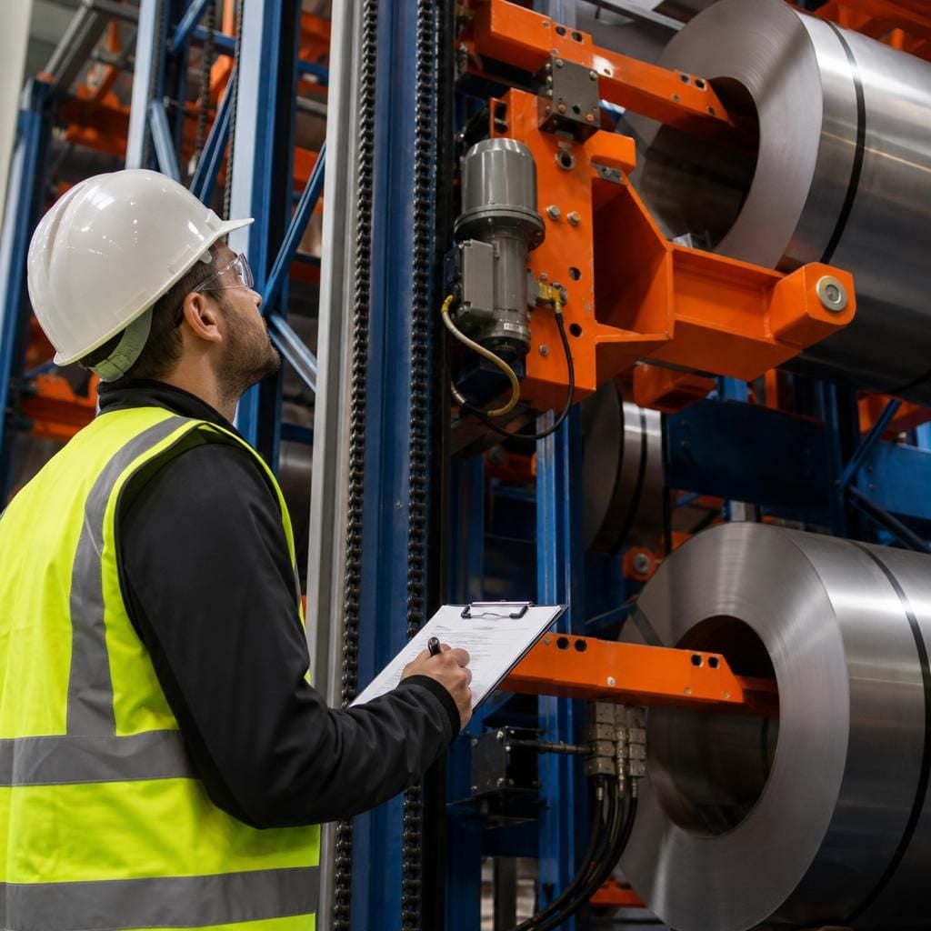 Technician inspecting an automated coil storage system