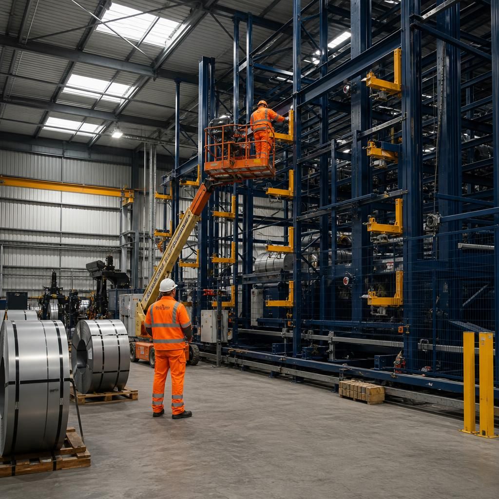 Automated coil storage equipment being installed inside a warehouse