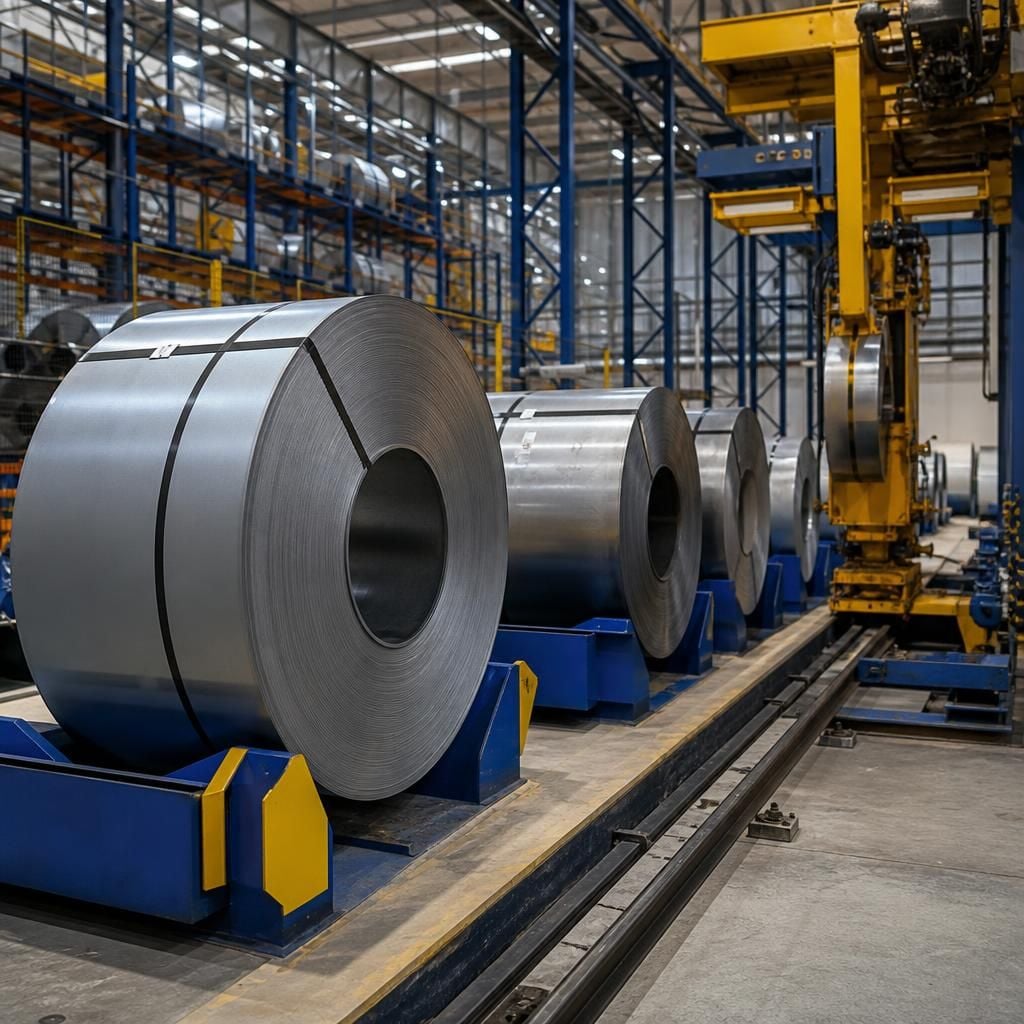 Metal coils positioned in storage cradles beside automated handling equipment