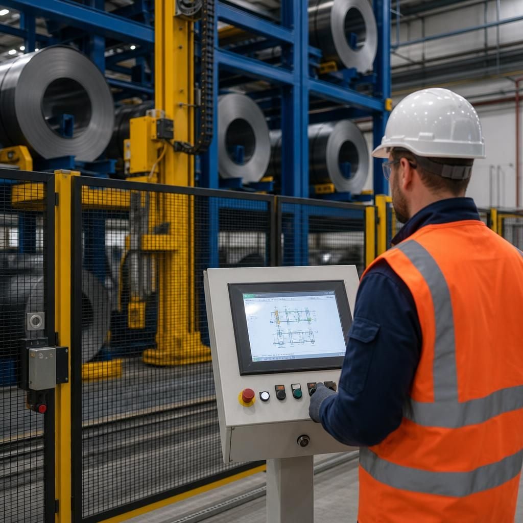 Automated coil storage system with guarded access and control panel