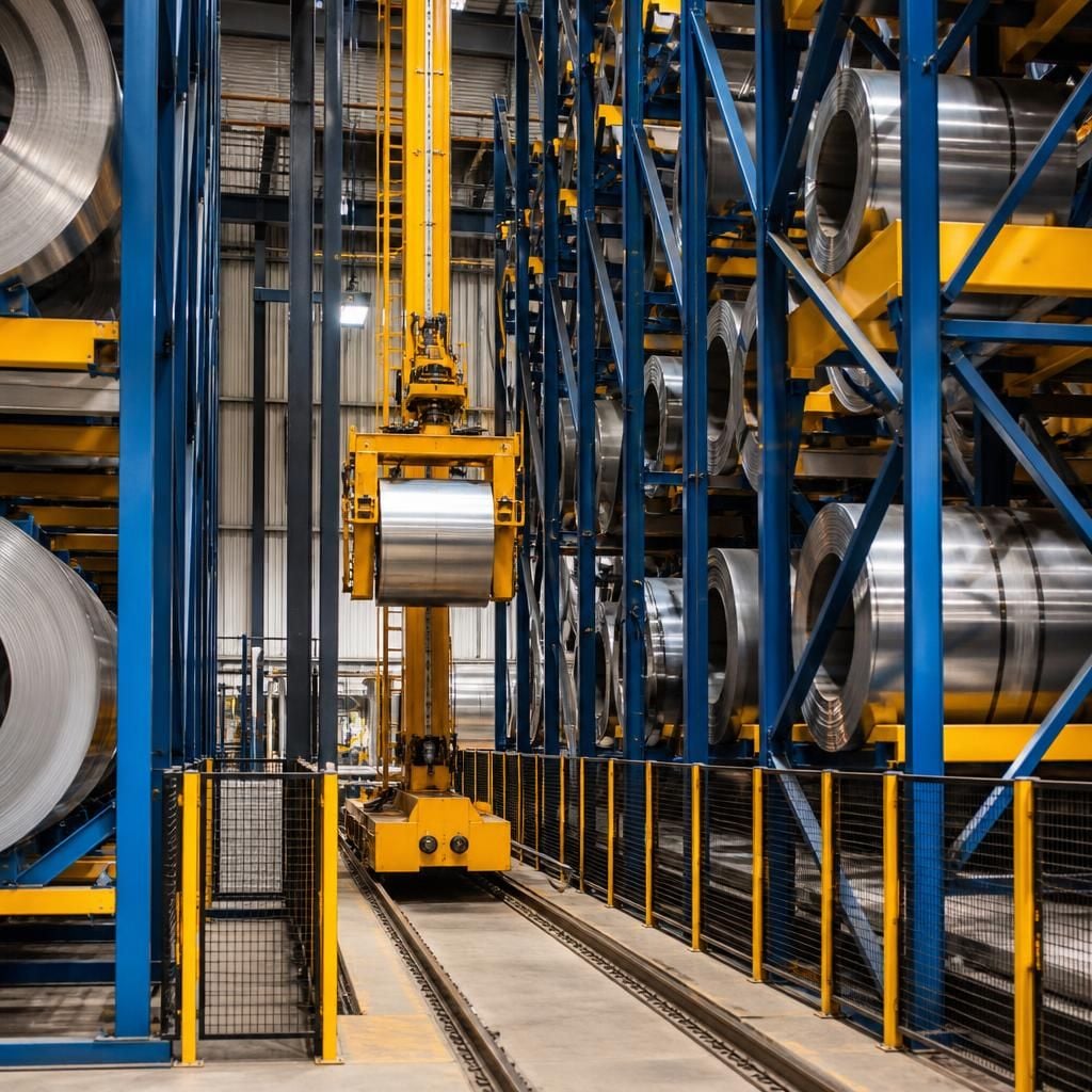 Automated coil storage and retrieval system holding steel coils in a warehouse