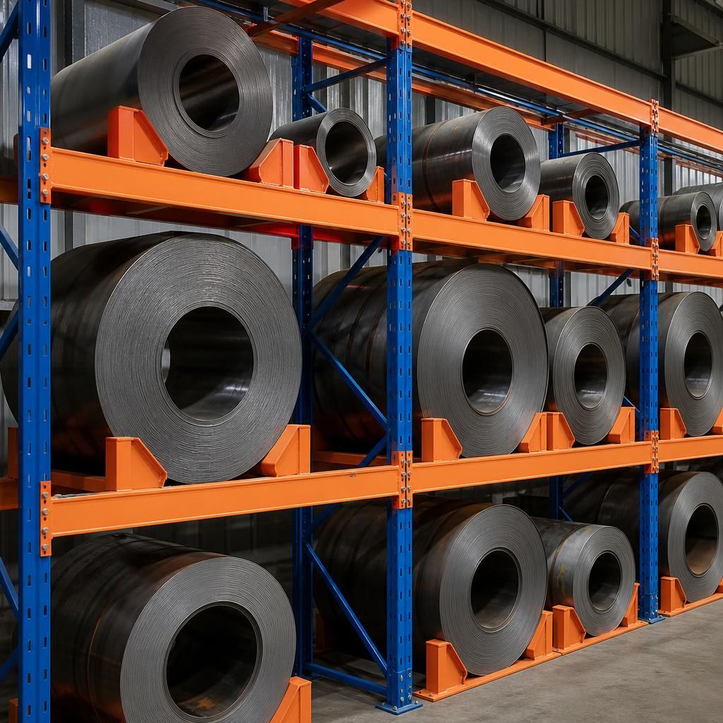 Steel coils of different diameters stored in separate support positions