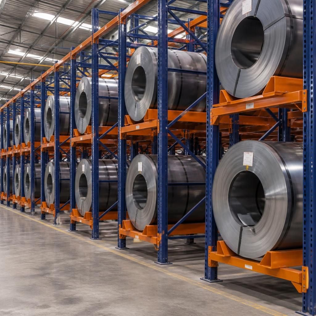 Steel coils stored in individual bays within a warehouse racking system