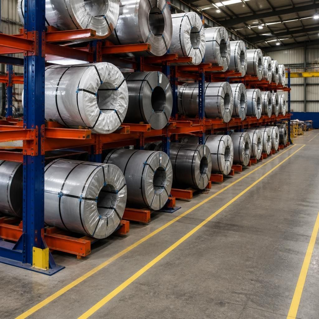 Coils stored on horizontal supports beside a marked warehouse aisle