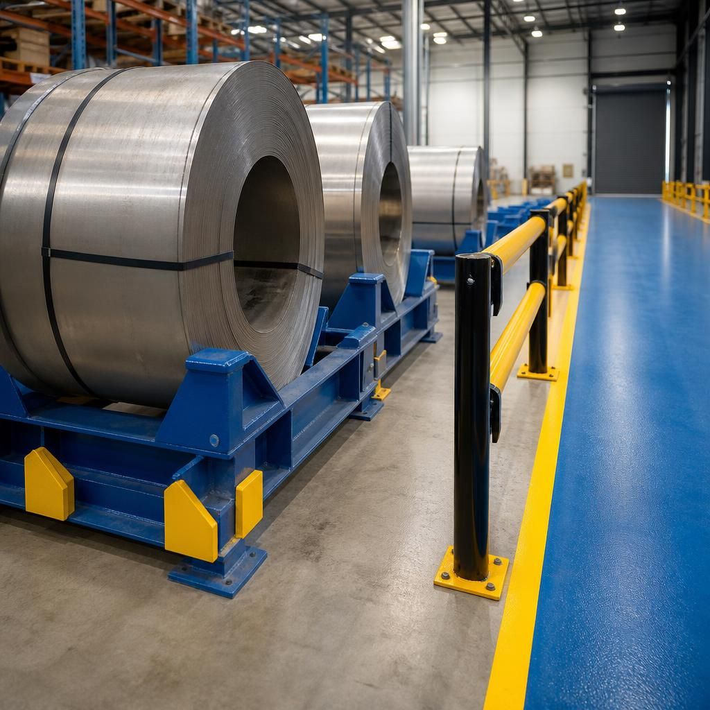 Steel coils secured in storage cradles beside protected warehouse walkways