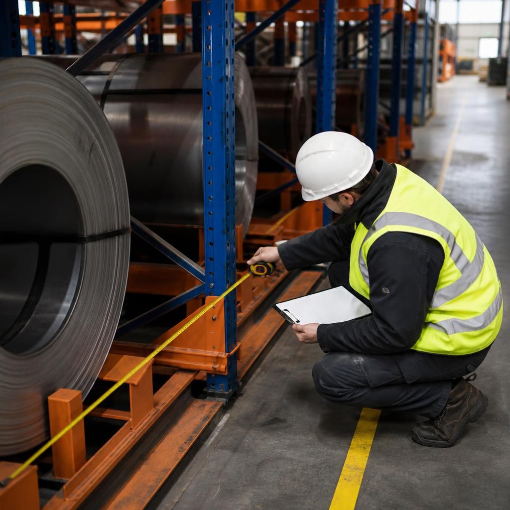 Site surveyor measuring coil storage positions beside industrial racking