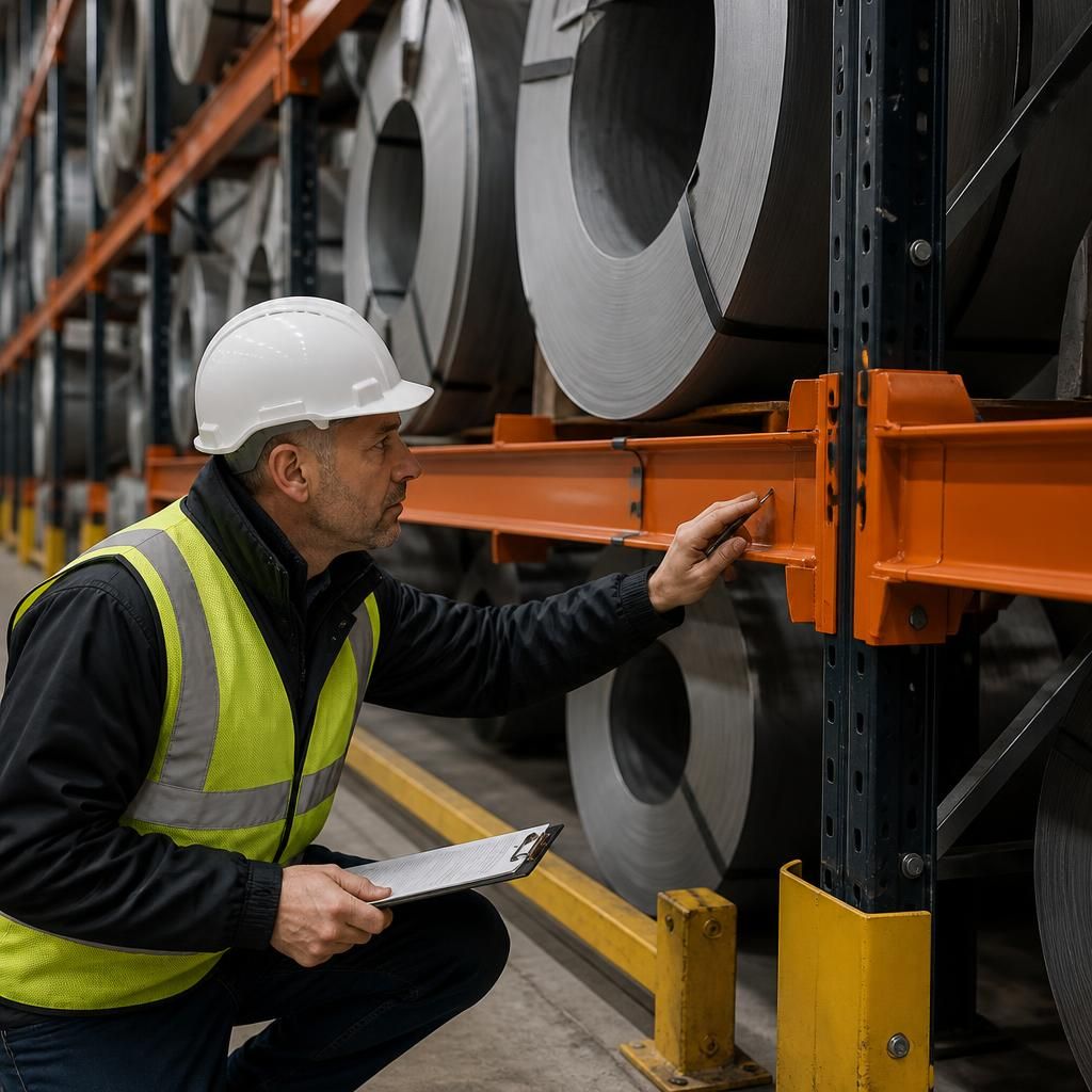 Inspector checking coil racking beams, supports and protective barriers in a warehouse