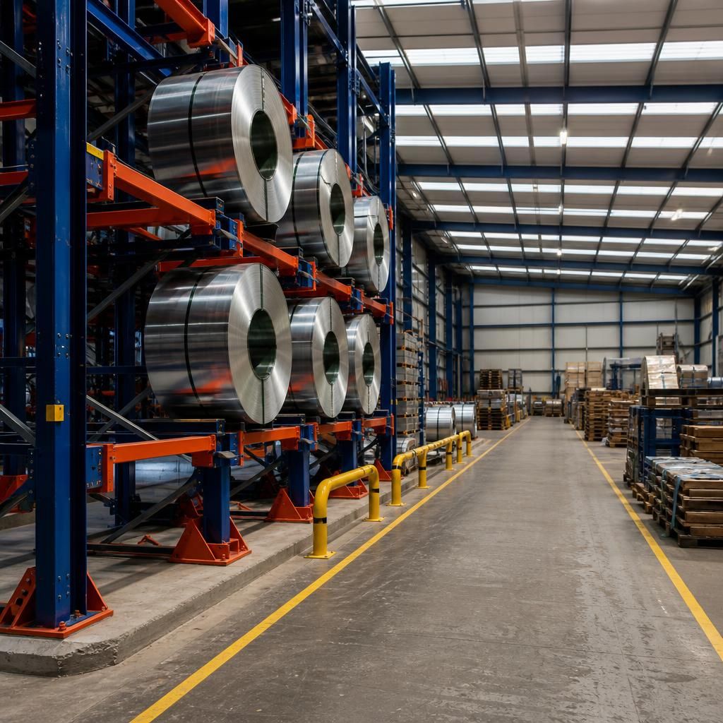 Coil racking beside marked warehouse aisles and stored stock