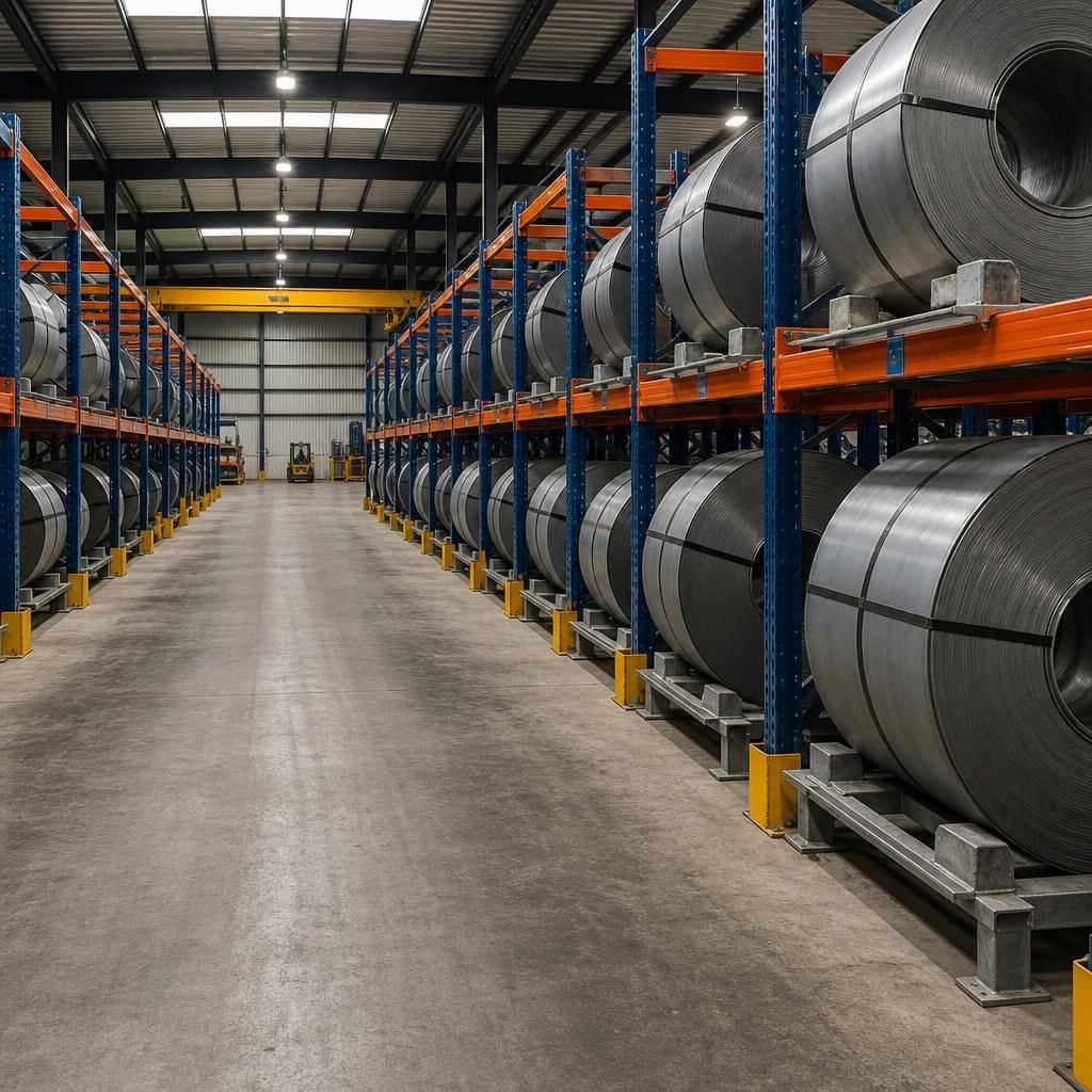 Coil racking rows with individual storage positions and clear access aisles