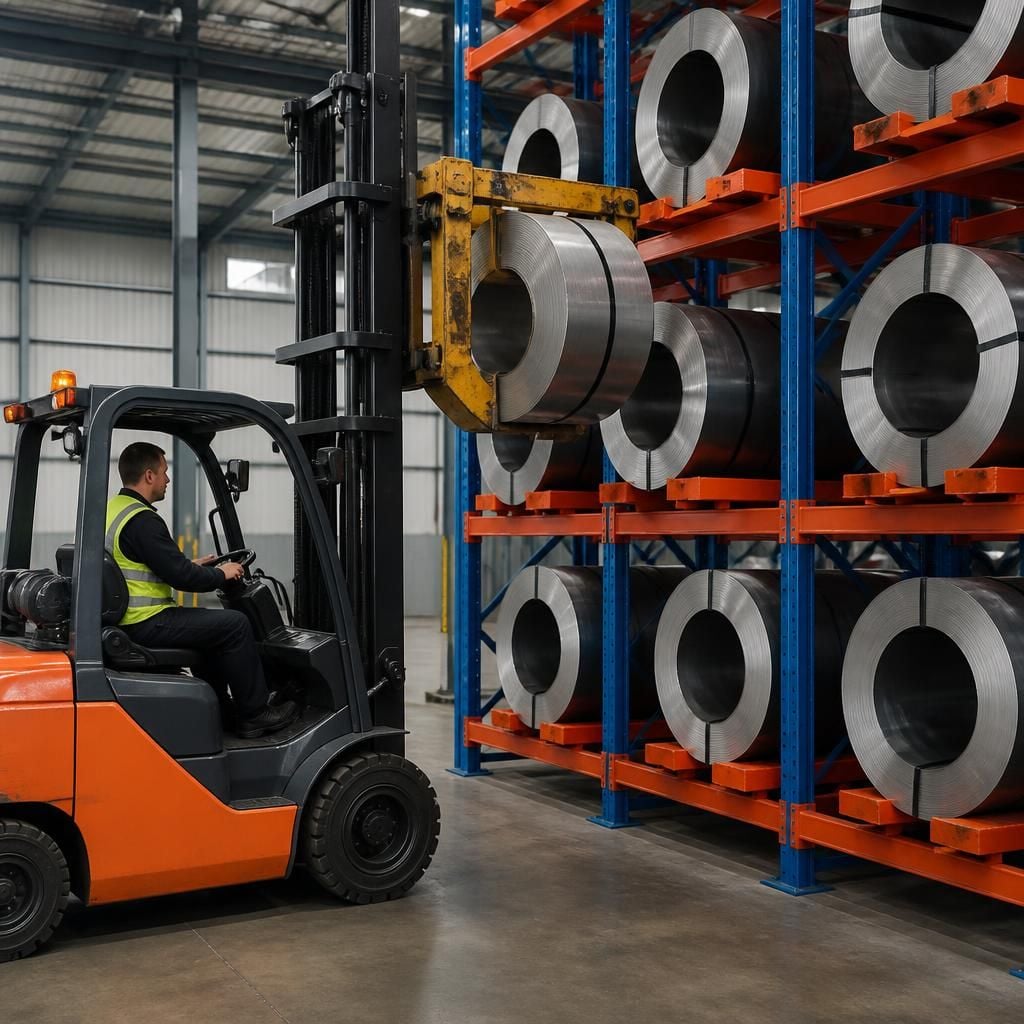 Forklift placing a steel coil into a storage rack