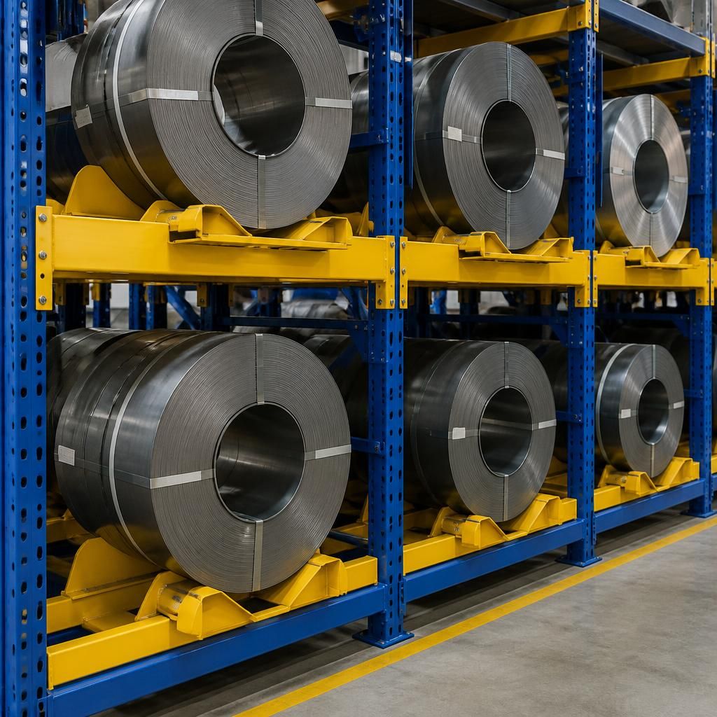 Steel coils resting on supports within a storage rack